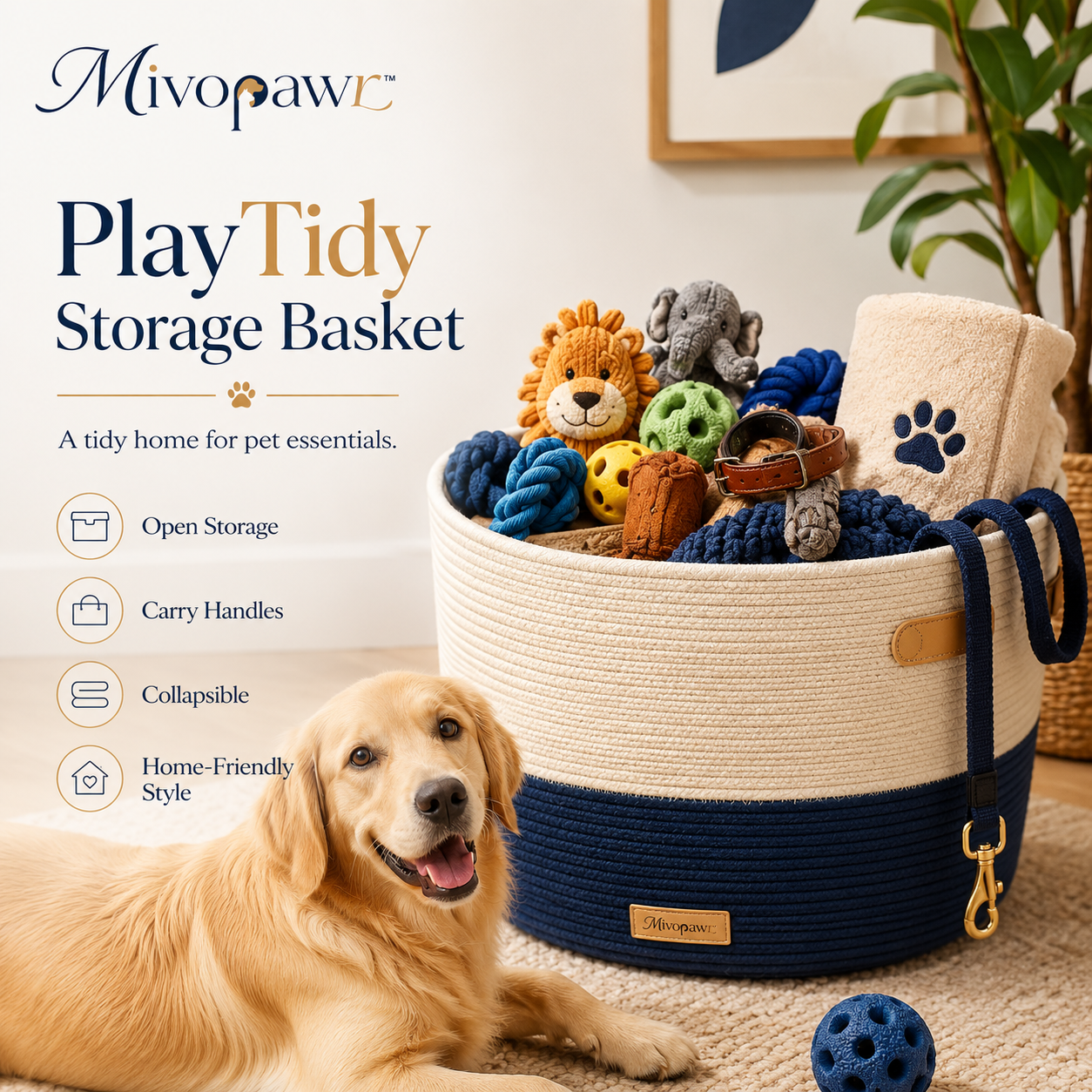 Mivopawr™ PlayTidy Collapsible Pet Toy Storage Basket – Woven Dog and Cat Organizer Bin