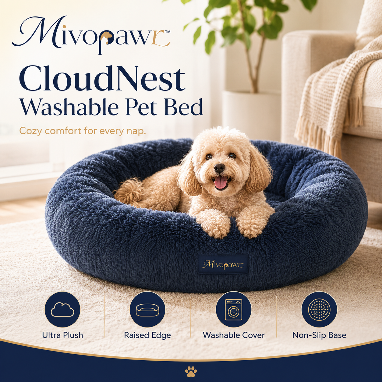 Mivopawr™ CloudNest Washable Donut Pet Bed – Plush Round Dog and Cat Sleeping Cushion