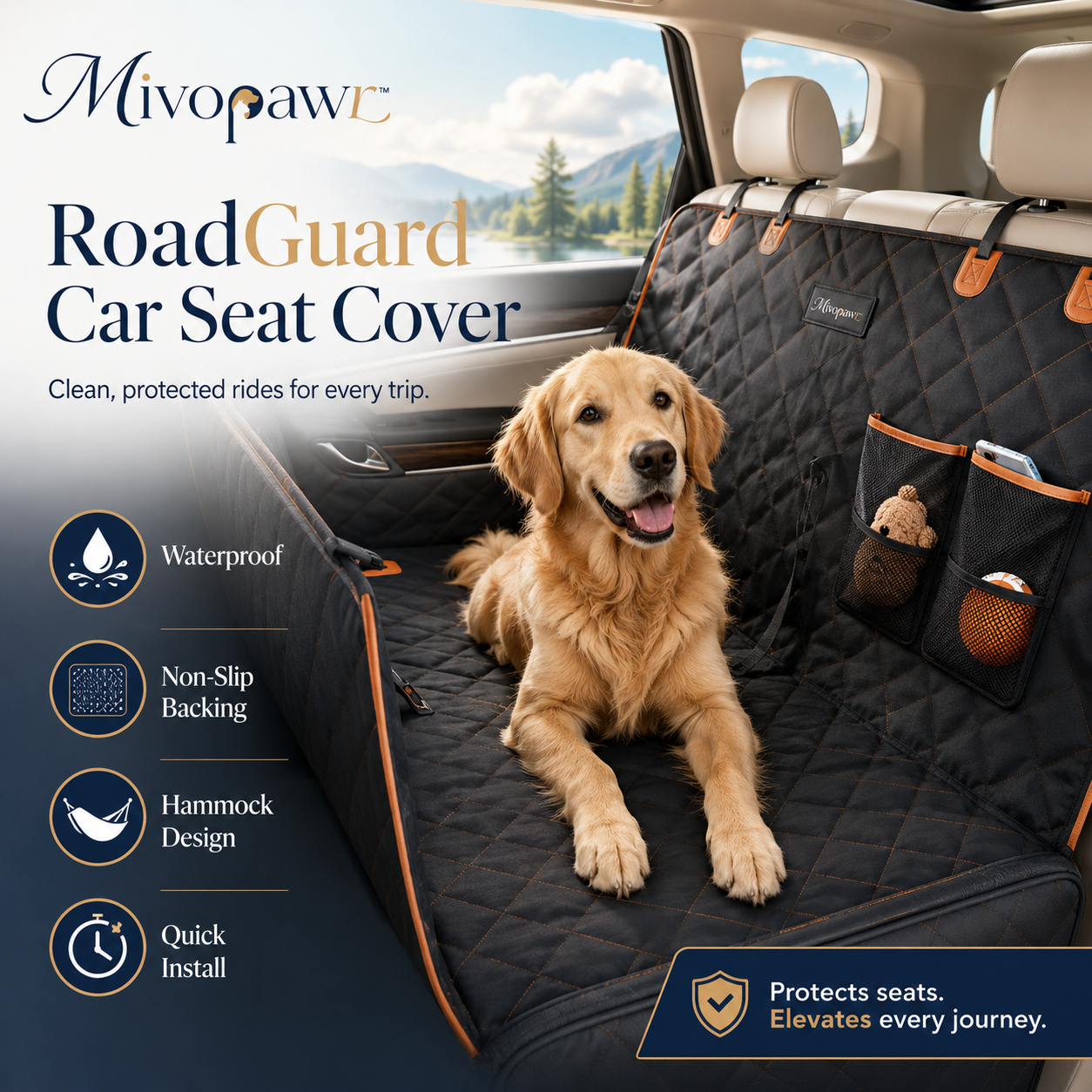 Mivopawr™ RoadGuard Waterproof Dog Car Seat Cover – Nonslip Hammock Back Seat Protector