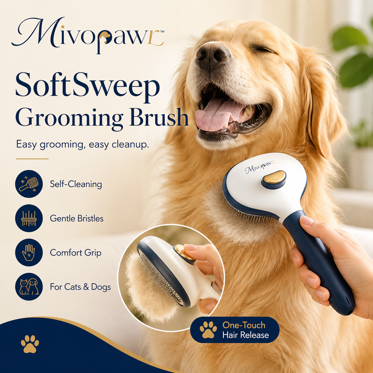Mivopawr™ SoftSweep Self-Cleaning Pet Grooming Brush – Dog and Cat Slicker Brush